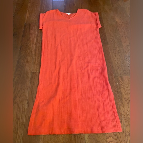 Eileen Fisher Organic Cotton Gauze V-Neck Dress in Red Lory - Picture 1 of 9